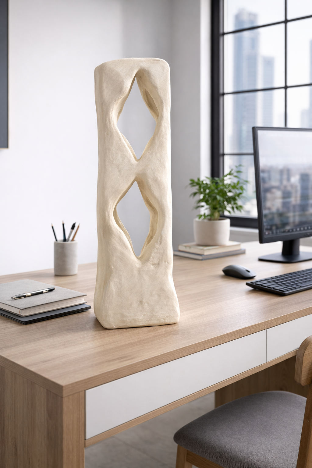 Colección Vestigio. MarcelaOnce. Arte exclusivo de prestigio internacional. Escultura abstracta  en una oficina moderna, con escritorio de madera, una planta, una computadora y otros objetos.