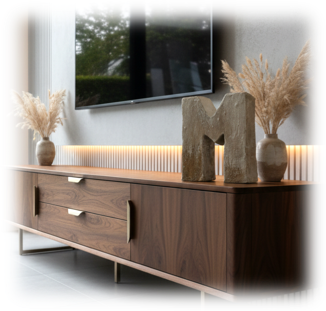 Mueble de madera con dos gavetas y puertas, decorado con dos jarrones con plantas de hierba seca, un gran bloque de piedra en forma de letra M, y un televisor en la pared detrás.