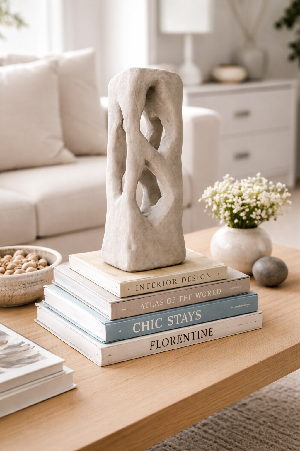 Colección Vestigio. MarcelaOnce. Arte exclusivo de prestigio internacional. Escultura abstracta sobre libros en una mesa de madera. Decoración moderna en sala con flores blancas en jarrón y objetos decorativos.