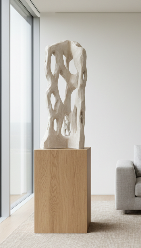 Colección Vestigio. MarcelaOnce. Arte exclusivo de prestigio internacional. Escultura abstracta sobre un pedestal de madera en un ambiente moderno y minimalista.