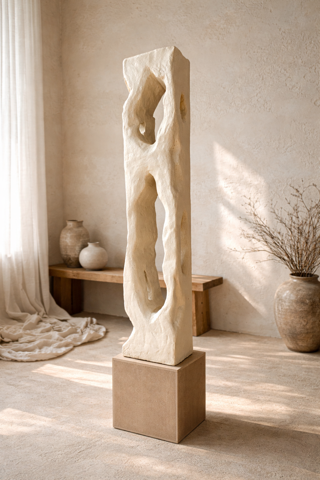 Colección Vestigio. MarcelaOnce. Arte exclusivo de prestigio internacional. Escultura abstracta en una sala decorada con jarrones y plantas en tonos neutros