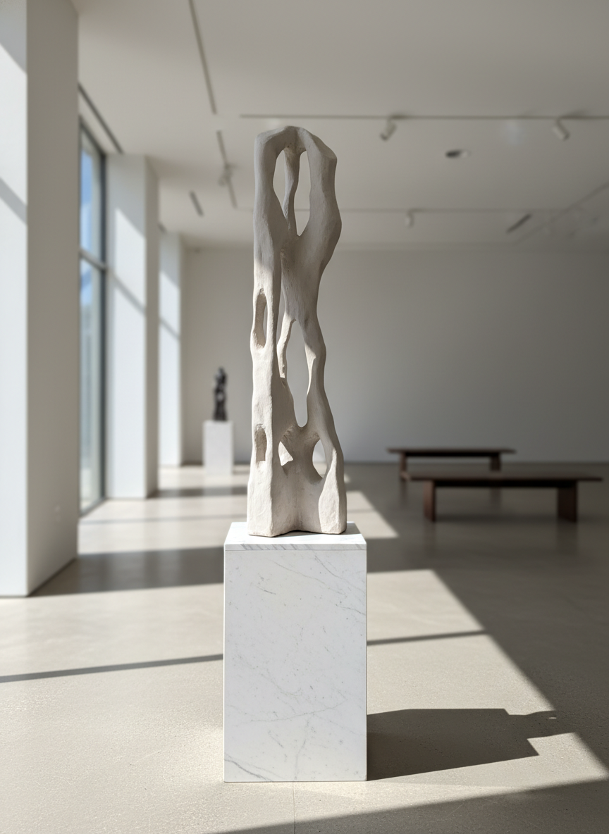 Colección Vestigio. MarcelaOnce. Arte exclusivo de prestigio internacional. Escultura moderna en una galería de arte, colocada sobre un pedestal de mármol blanco.