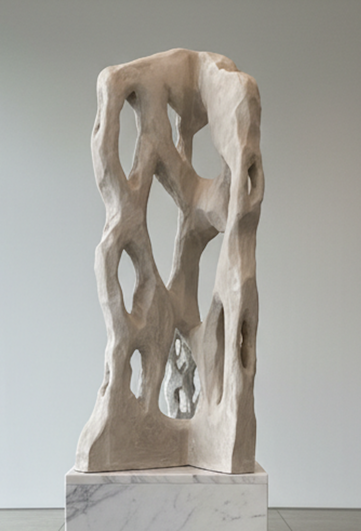 Escultura abstracta de madera con formas orgánicas y huecos, colocada sobre una base de mármol.