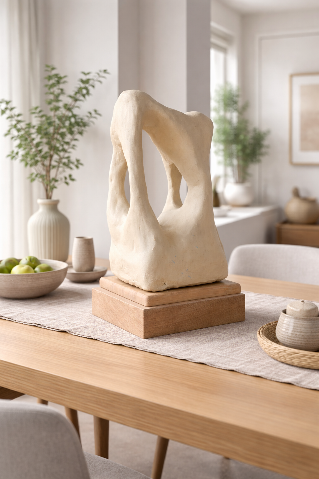 Colección Vestigio. MarcelaOnce. Arte exclusivo de prestigio internacional. Escultura abstracta en una mesa de madera con decoración minimalista y plantas en el fondo