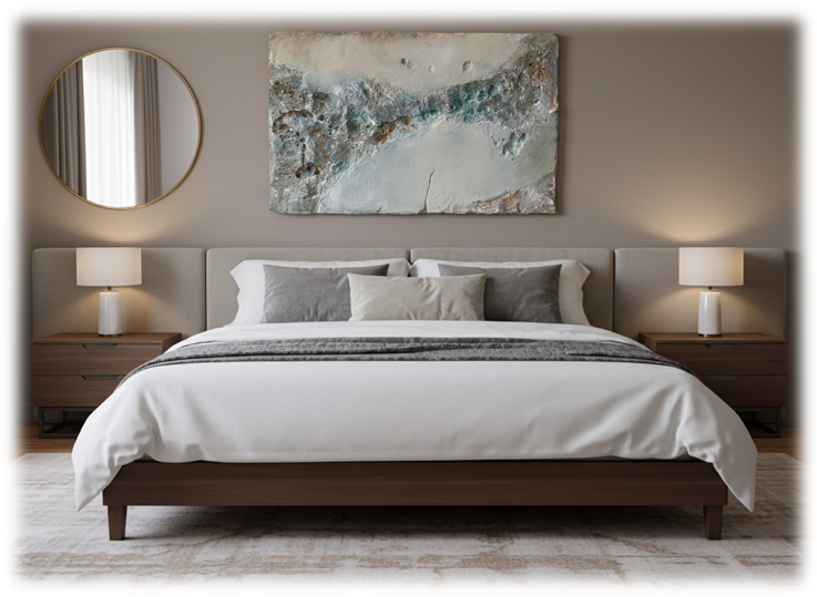 Escultura de pared Marcela Once. Dormitorio con cama grande, almohadas grises, mesas de noche de madera, lámparas y cuadro abstracto en la pared.