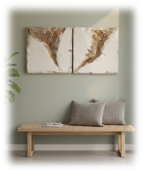 Escultura de pared Marcela Once. Lámpara decorativa de piedra en una pared verde, con un banco de madera y cojines grises en un espacio interior moderno.