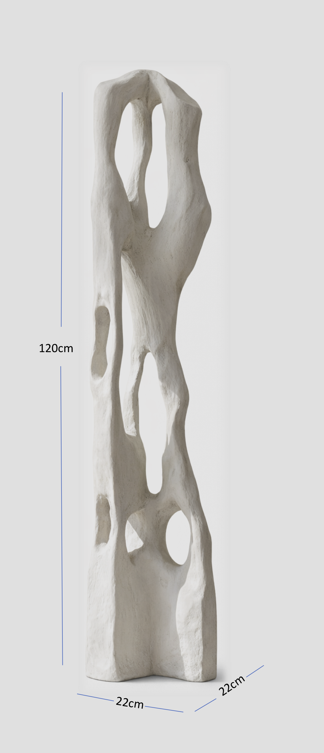 Colección Vestigio. MarcelaOnce. Arte exclusivo de prestigio internacional. Escultura abstracta de 120 cm de altura y 22 cm de ancho, con formas orgánicas y huecos, estilo moderno.