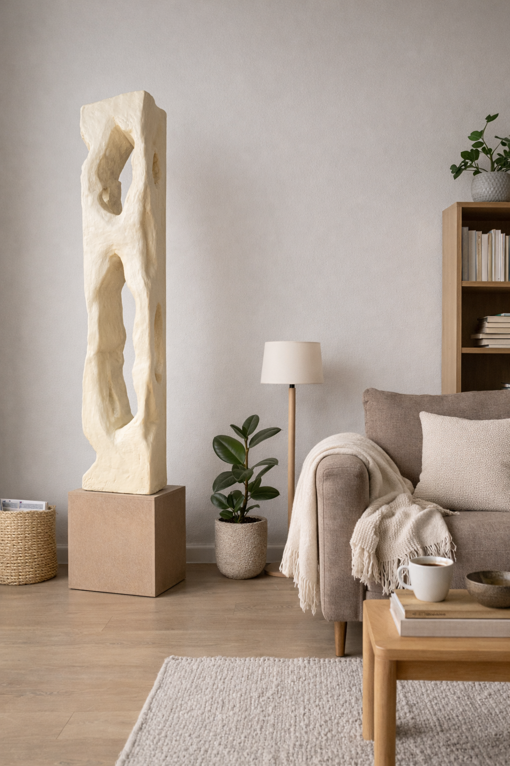 Colección Vestigio. MarcelaOnce. Arte exclusivo de prestigio internacional.Sala de estar con estatua abstracta, planta en maceta, lámpara de piso, sofá beige con cojines, estantería con libros, y mesa de café con una taza, libro y plato.