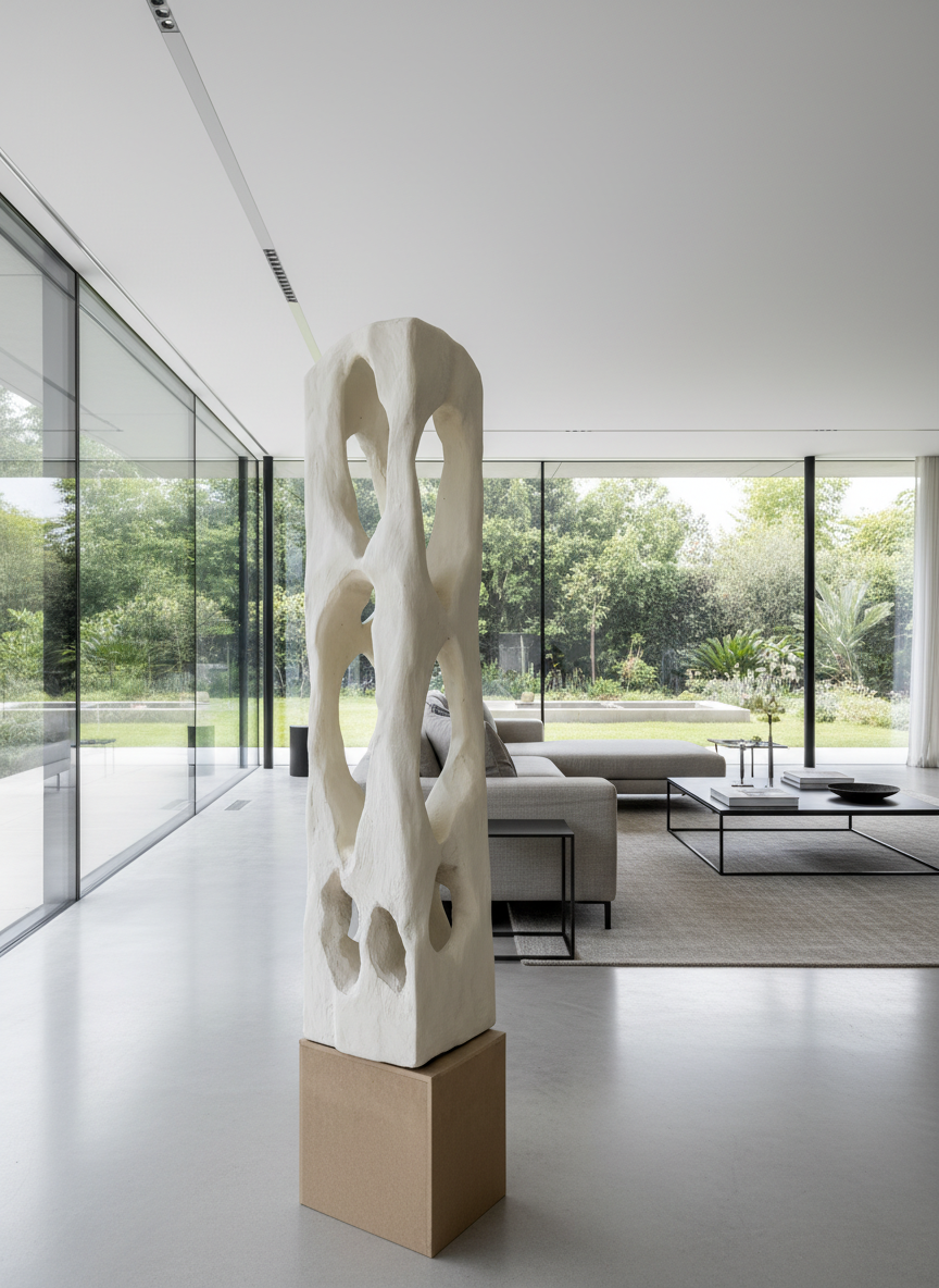 Colección Vestigio. MarcelaOnce. Arte exclusivo de prestigio internacional. Escultura abstracta en un espacio moderno con ventanas de cristales grandes y vista a un jardín con árboles.