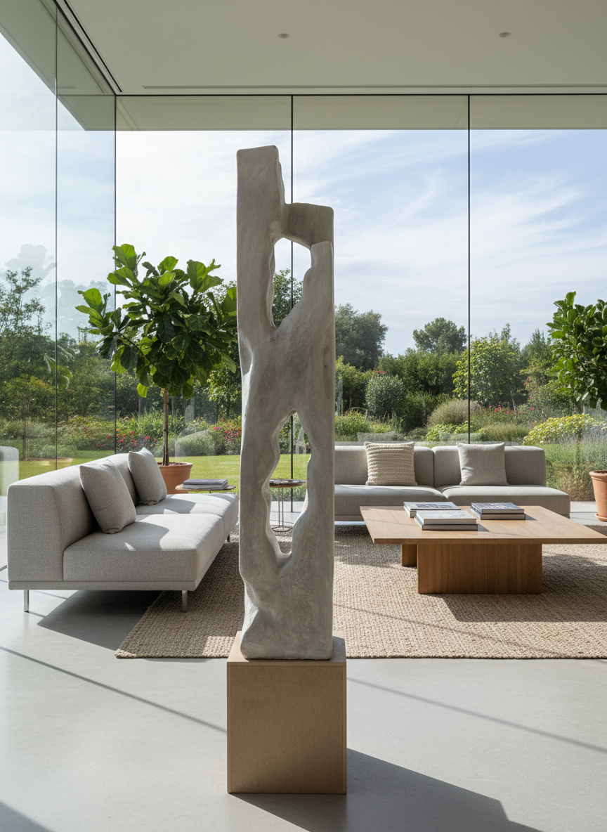 Colección Vestigio. MarcelaOnce. Arte exclusivo de prestigio internacional. Escultura moderna de piedra en el centro de una sala con muebles beige y vista a un jardín.
