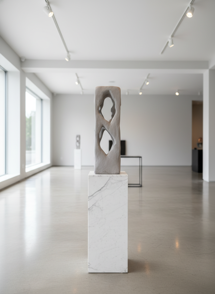 Colección Vestigio. MarcelaOnce. Arte exclusivo de prestigio internacional. Escultura moderna con formas orgánicas en exhibición en galería de arte, sobre pedestal de mármol blanco.