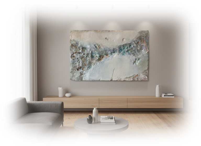 Wall Sculpture   Marcela Once exclusive. Sala moderna con pared gris, colgado un cuadro abstracto grande, sofá gris, mesa de centro redonda con libros y jarrones blancos y grises, pisos de madera, cortinas blancas de piso a techo a la izquierda.