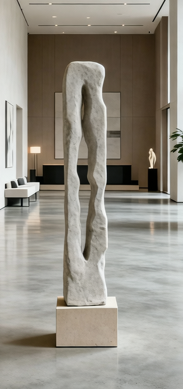 Colección Vestigio. MarcelaOnce. Escultura moderna de ecocemneto en un museo con fondo minimalista. Arte de prestigio.