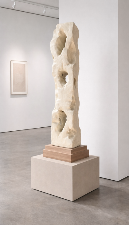 MarcelaOnce revaloriza su arte en un 68% en los últimos tres años. MarcelaOnce's art has increased in value by 68% in the last three years thanks to its exclusive collections. Escultura de piedra abstracta en una galería de arte..