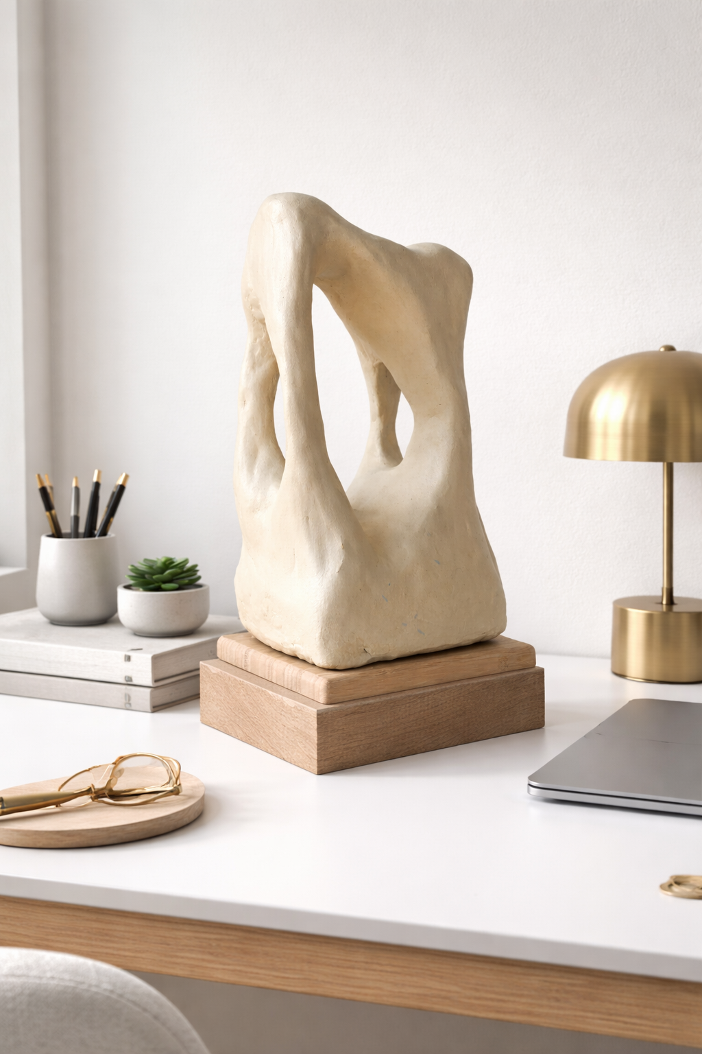 Colección Vestigio. MarcelaOnce. Arte exclusivo de prestigio internacional. Escultura abstracta sobre una mesa blanca, acompañada de una lámpara dorada, plantas suculentas, un cuaderno, gafas y un laptop.