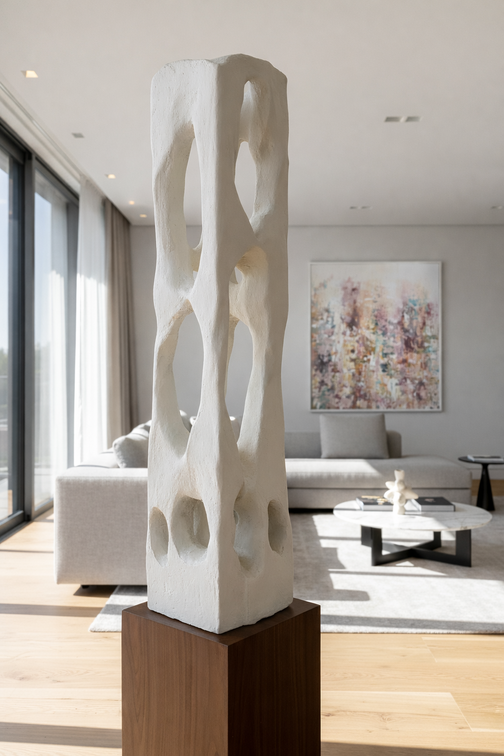 Colección Vestigio. MarcelaOnce. Arte exclusivo de prestigio internacional.Escultura moderna en forma de estructura abstracta, colocada sobre un pedestal de madera en una sala de estar con muebles claros y una pintura colorida en la pared.