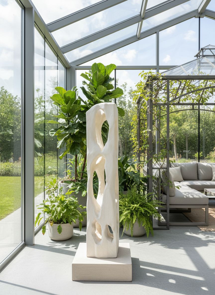 Colección Vestigio. MarcelaOnce. Arte exclusivo de prestigio internacional. Escultura moderna en un invernadero con plantas verdes y muebles de exterior.