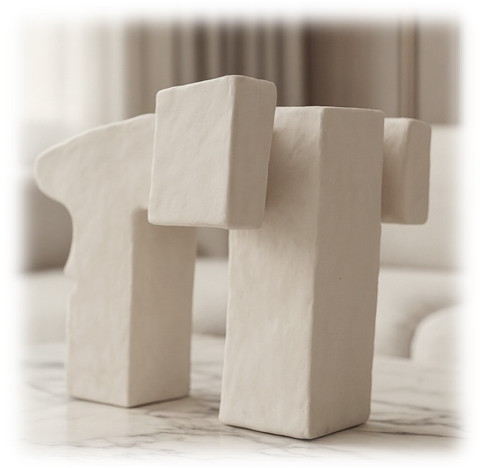 Esculturas abstractas blancas en una superficie de mármol en un entorno interior