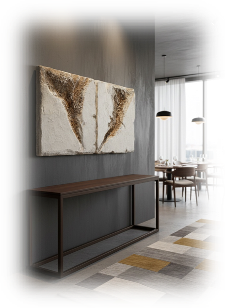 Escultura de pared Marcela Once. Un mural de piedra decorativa en una pared gris en un espacio interior moderno con una mesa larga debajo y vista a un comedor con sillas y lámparas colgantes.