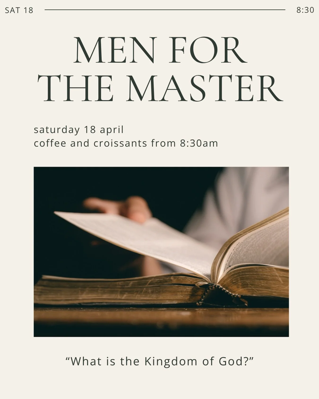 Following Christ is not an individual pursuit.

We need one another - to be encouraged, corrected, and strengthened in the faith.

Men for the Master is a space for men to open the Scriptures together and pursue lives shaped by the gospel.

This Satu