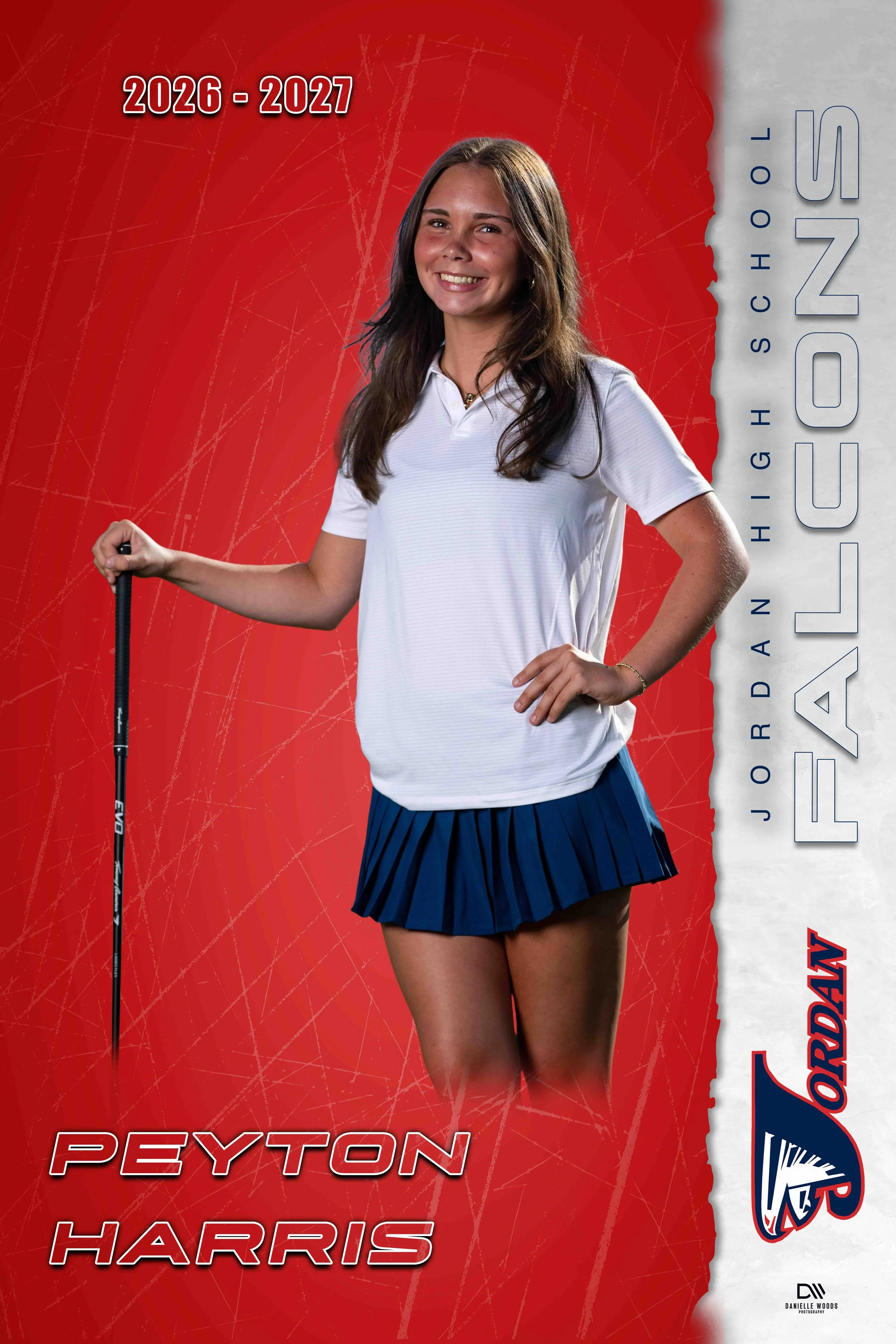 A girl dressed in a white polo shirt and a navy blue pleated skirt standing on a red background with a hockey stick in her right hand. The background has red and gray sections with text that reads '2026-2027' in the red section, and her name 'PEYTON 