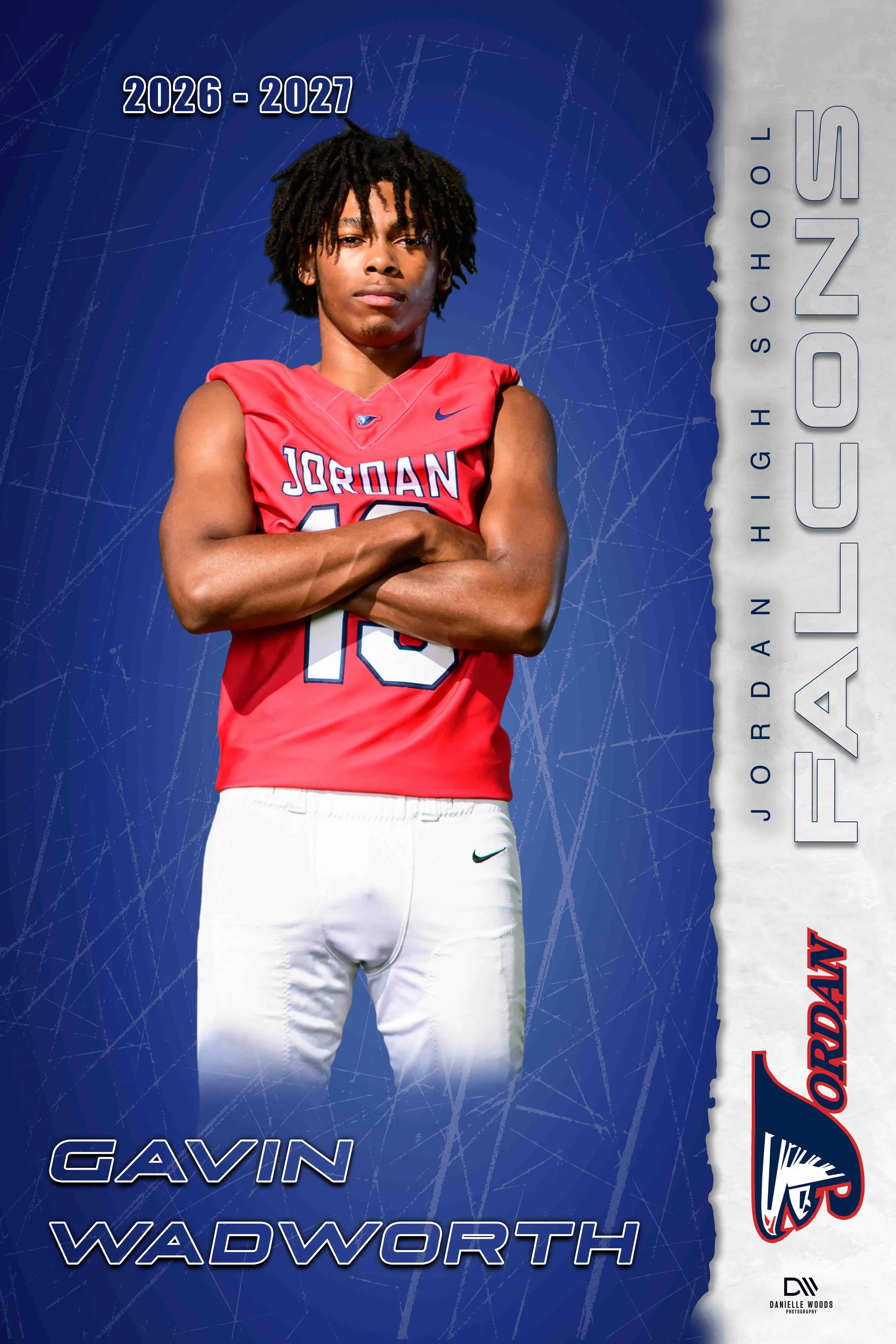 Digital poster featuring a young male athlete with dreadlocks, wearing a red basketball jersey with 'JORDAN' and the number 16, and white Nike pants. Background is blue with white lines and the years '2026 - 2027' at the top left. On the right side, 