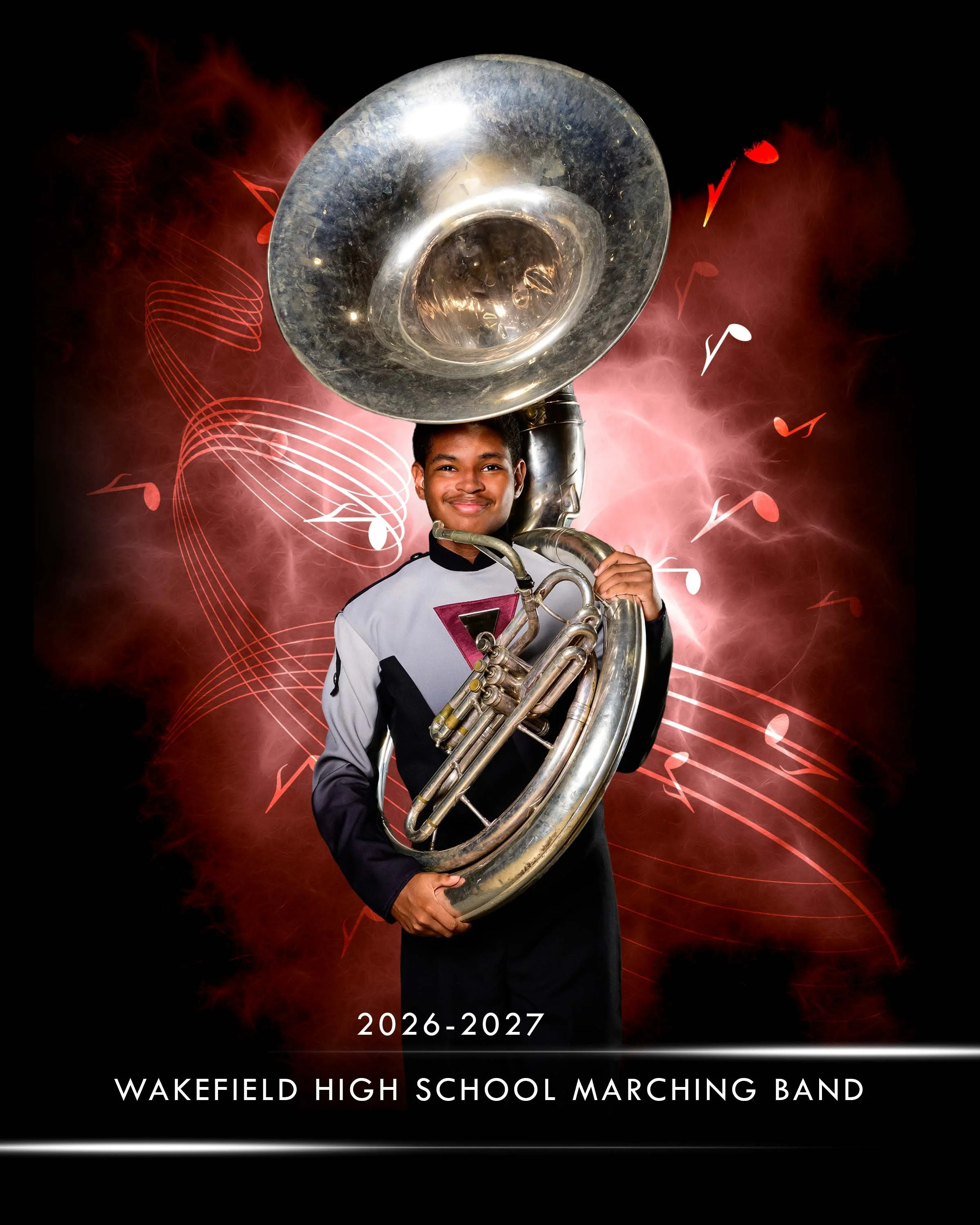 Young male marching band member smiling, holding a sousaphone, wearing a white and black marching band uniform with a red logo on the chest, dark background with red abstract light streaks, and the years 2026-2027 and the text 'Wakefield High School 