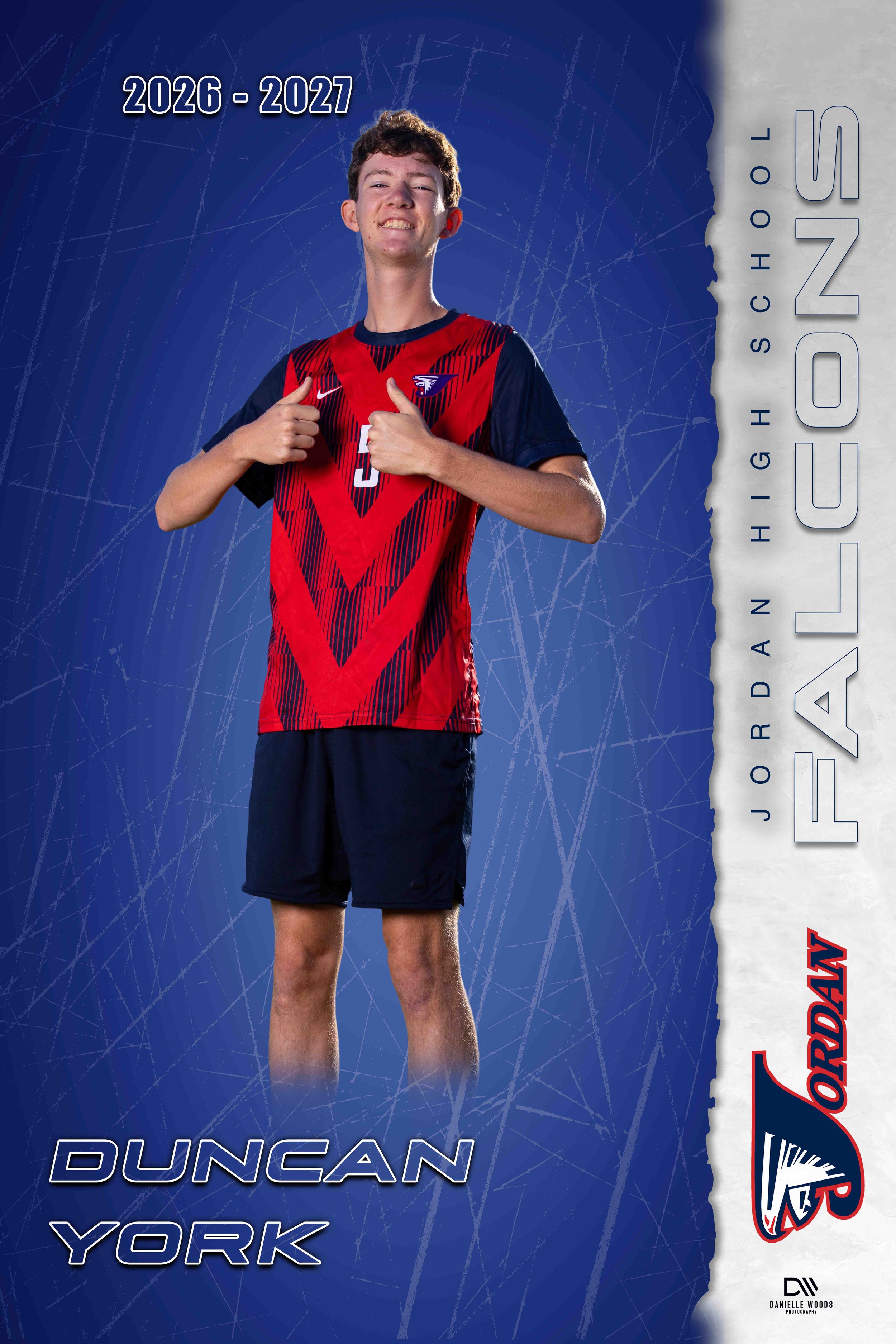A young male athlete in a red and navy sports jersey, smiling and giving two thumbs up, standing against a blue background with scribbled white lines. JORDAN High School Senior banner