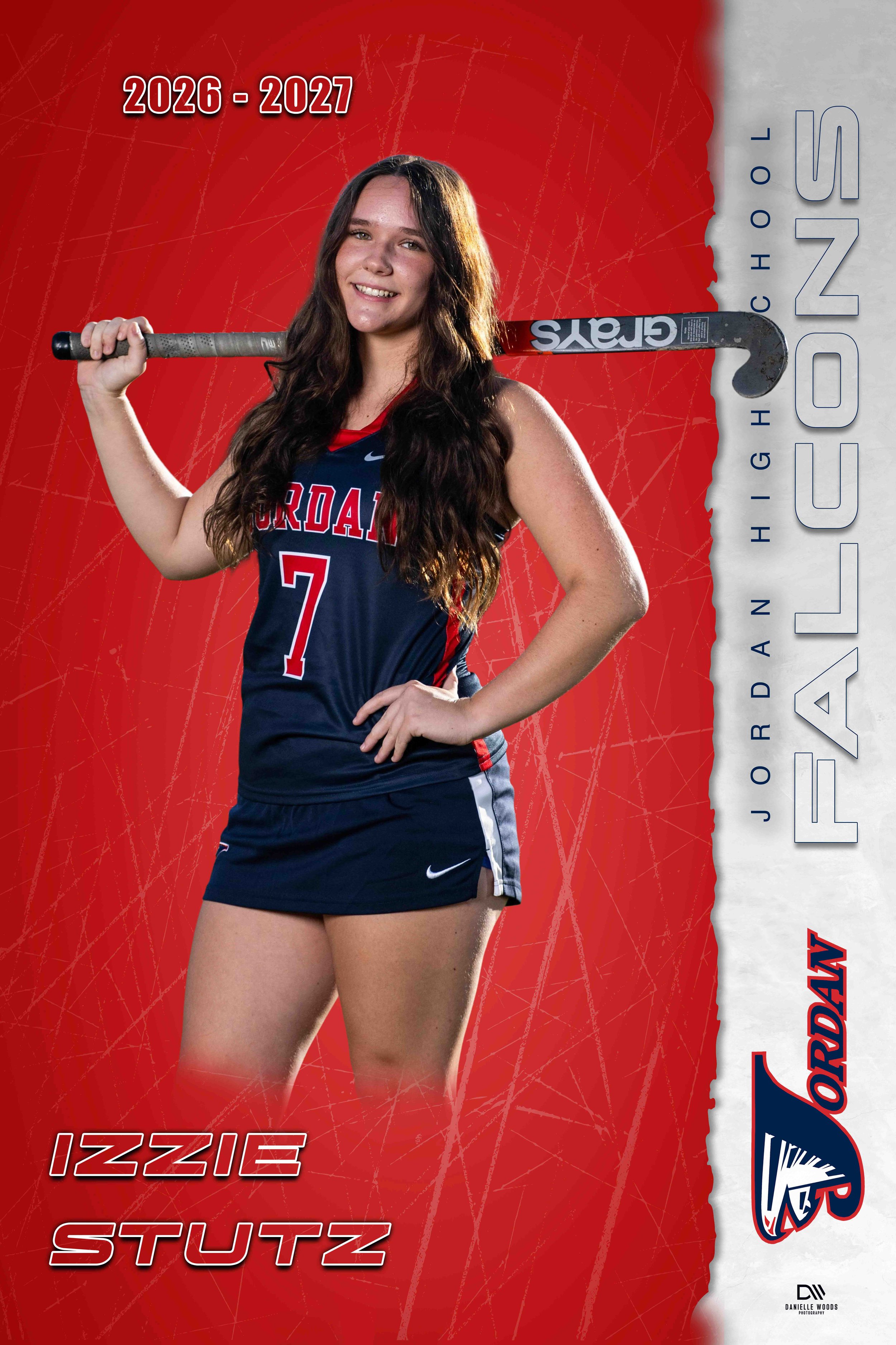 A female volleyball player in a blue jersey with red and white accents holding a hockey stick over her shoulder, smiling against a red and gray background with text indicating she is from Jordan High School. The text mentions her name, 'Lizzie Stutz,
