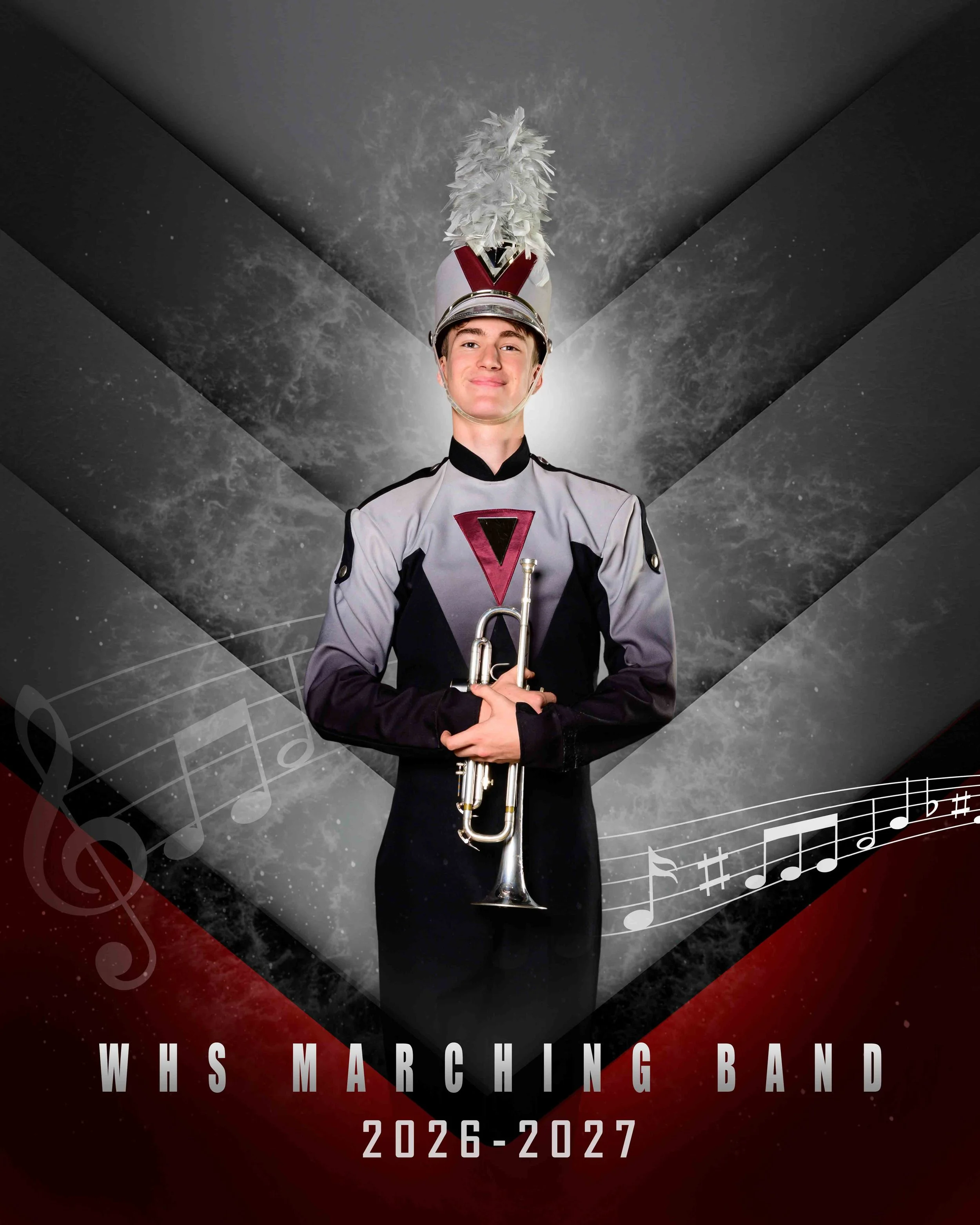 Poster of the American marching band 'WHS Marching Band 2026-2027' with a young male band member in uniform, holding a trumpet, wearing a hat with a feather adornment, standing against a dark background with musical notes and the band’s name and year