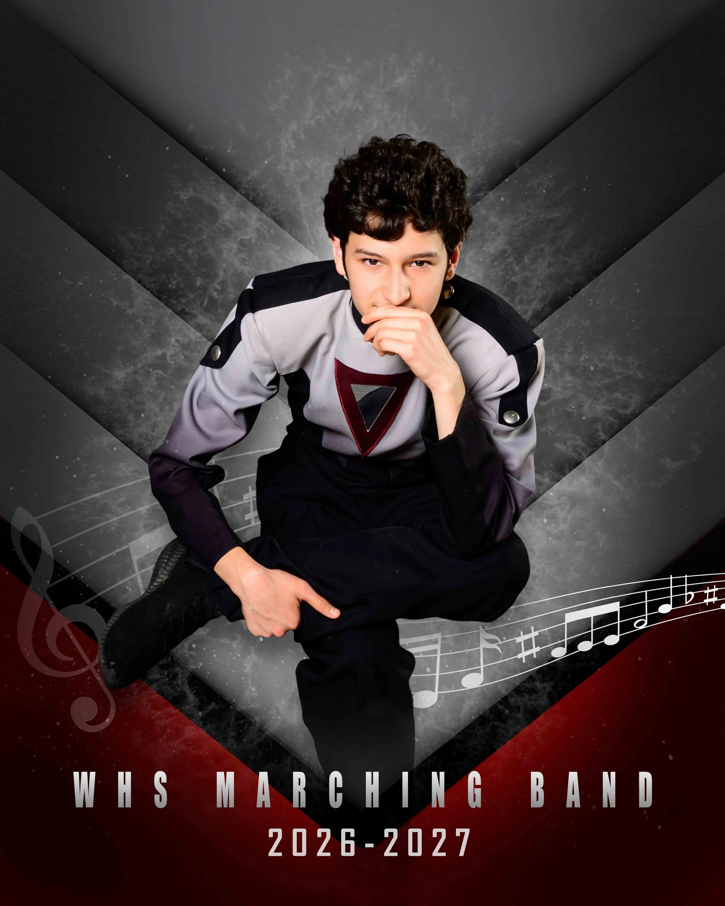 Poster for the band WHS marching band, displaying a young man with curly hair in a school uniform, against a background with musical notes and a cosmic theme, with text indicating the band's name and year 2026-2027.