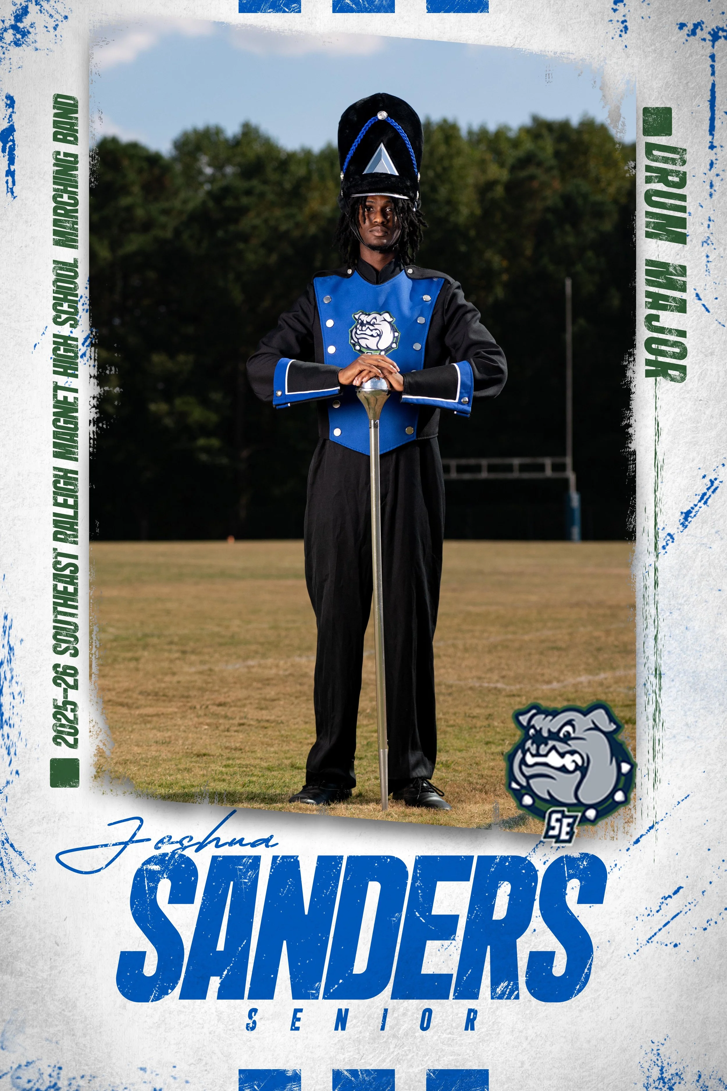 A graduating senior in a marching band uniform standing on a football field, holding a sword vertically in front of them, with a serious expression. The image includes text about a specific event date, school, and senior year, with a Bulldog mascot l