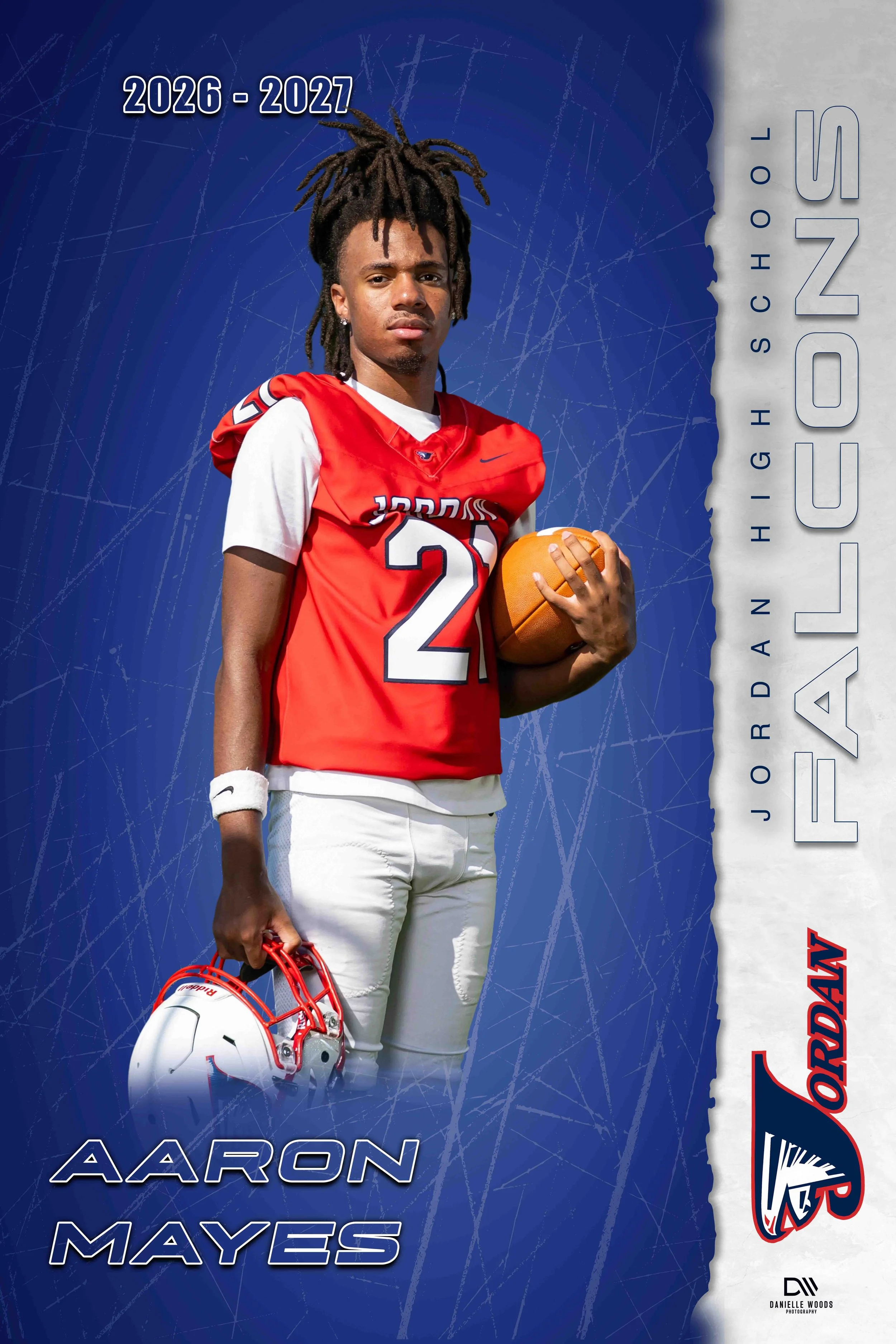A young man standing in a football uniform holding a helmet and a football, with text indicating he is Aaron Mayes, high school quarterback, for the years 2026-2027, with a blue background featuring abstract lines and the word 'Jaguars' in large lett