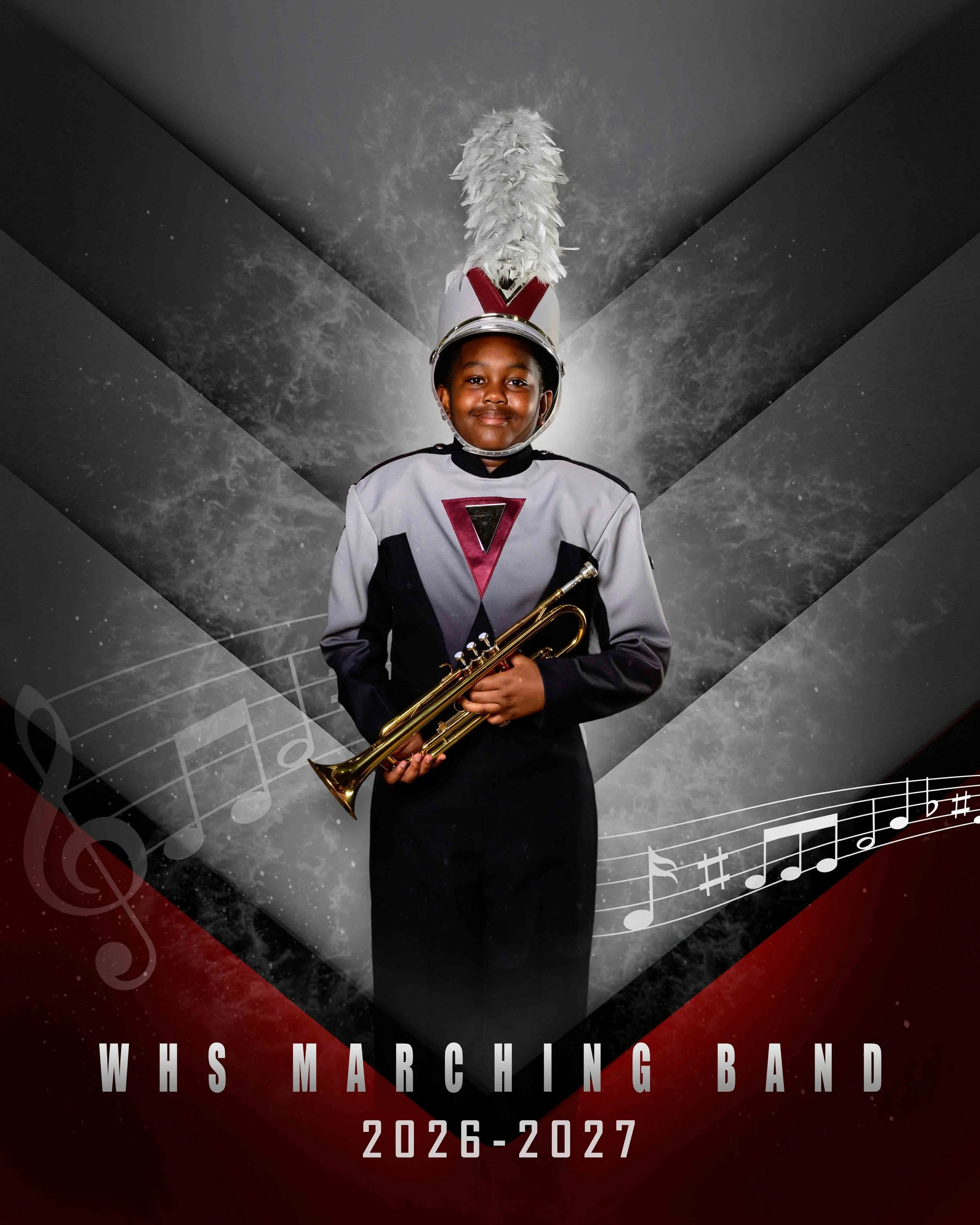 A young boy dressed as a drum major with a marching band uniform and a feathered hat, holding a trumpet, against a dark background with musical notes and geometric designs, promoting the marching band for the 2026-2027 school year.
