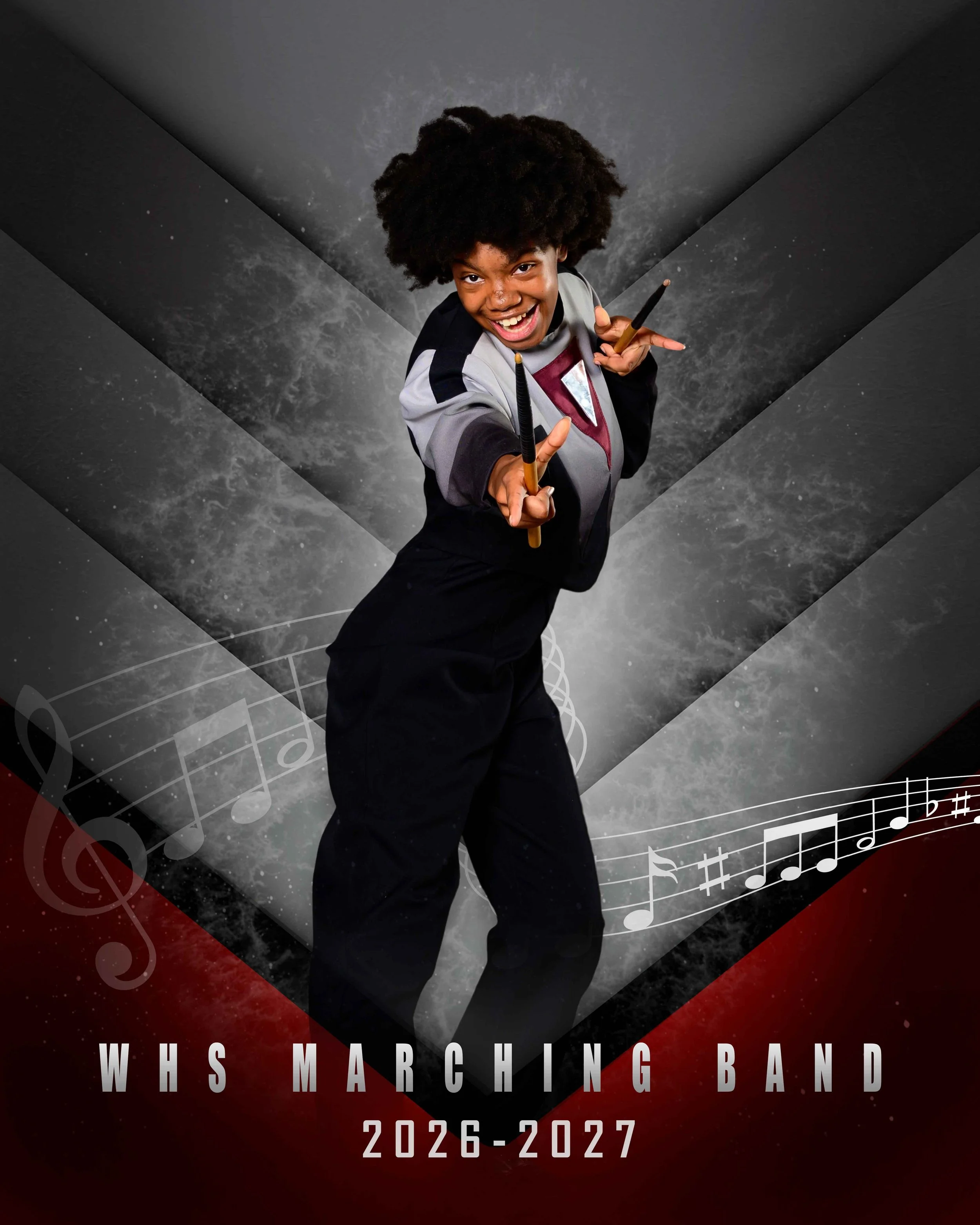 A person with curly hair wearing a band uniform, holding drumsticks, in front of a graphic background featuring musical notes and cosmic design. Text reads 'WHIS MARCHING BAND 2026-2027'.