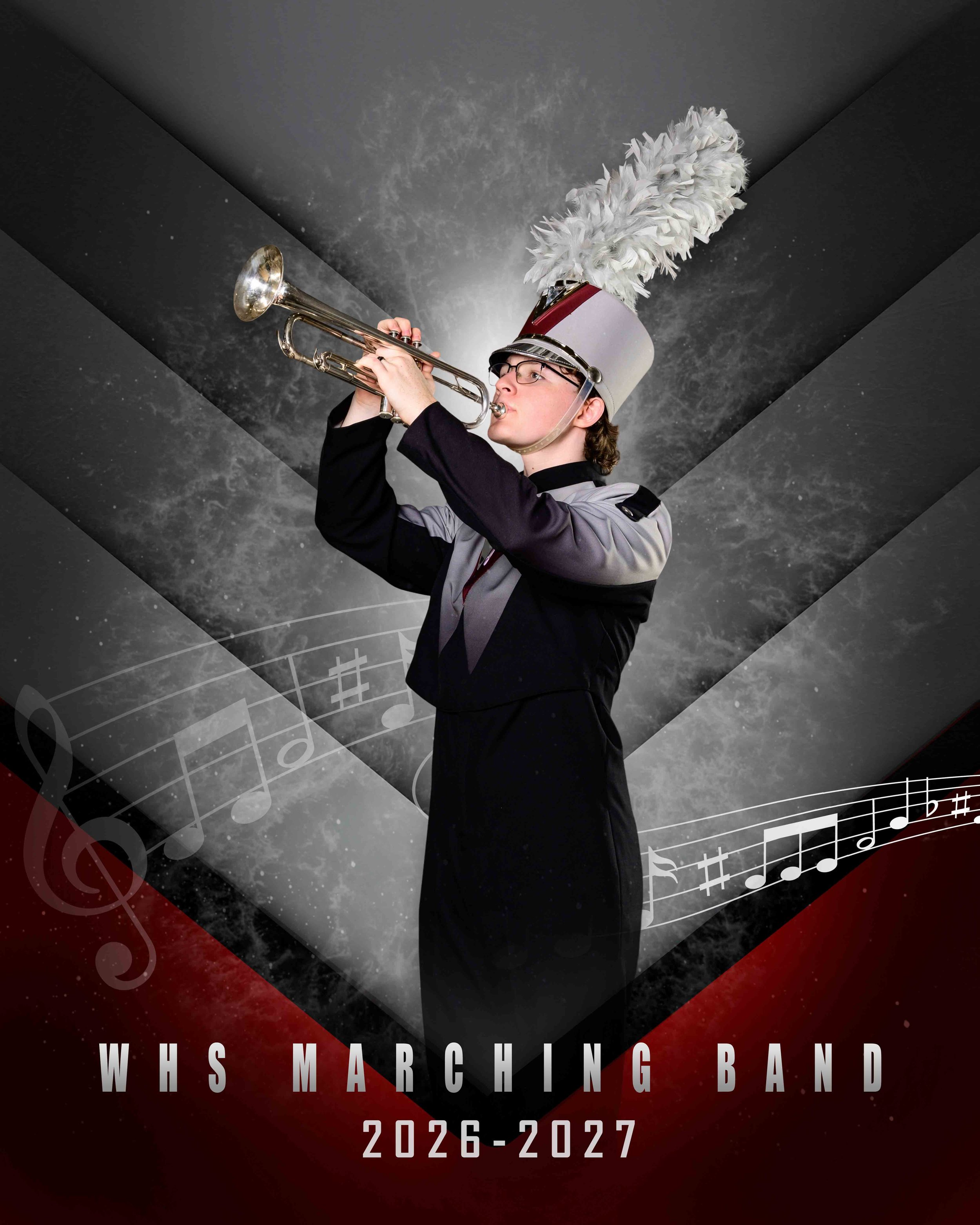 A young man in a marching band uniform and a decorative helmet with white feathers, playing a trumpet against a dark background with musical notes and text about marching band from 2026 to 2027.