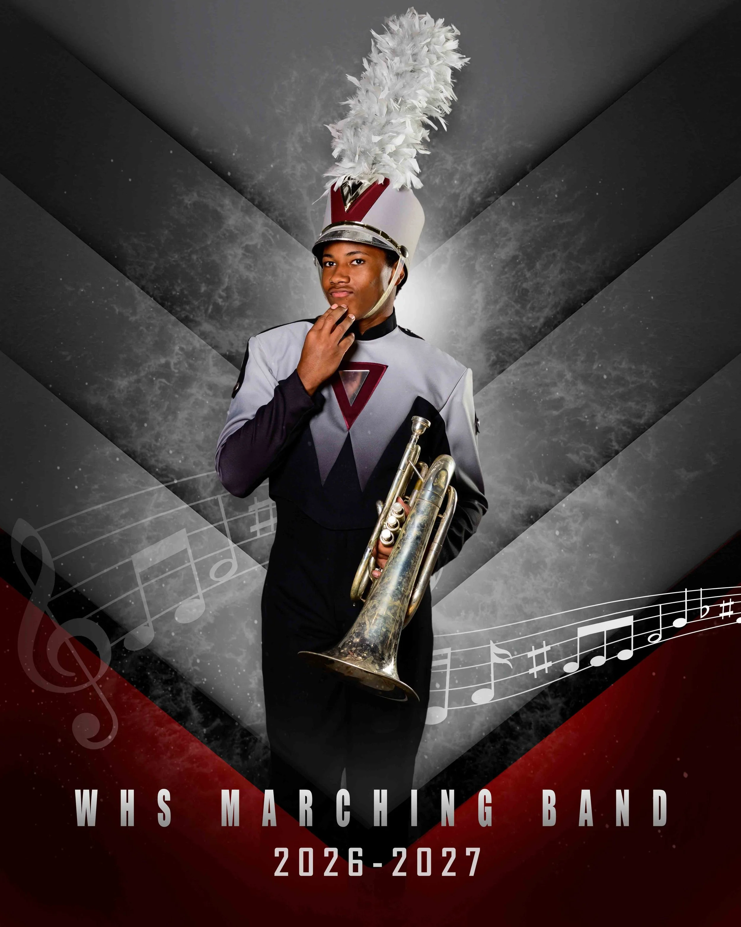 A performer wearing a marching band uniform and hat, holding a trumpet, stands in front of a graphic backdrop with musical notes and text. The text reads: 'WHIS MARCHING BAND 2026-2027'.