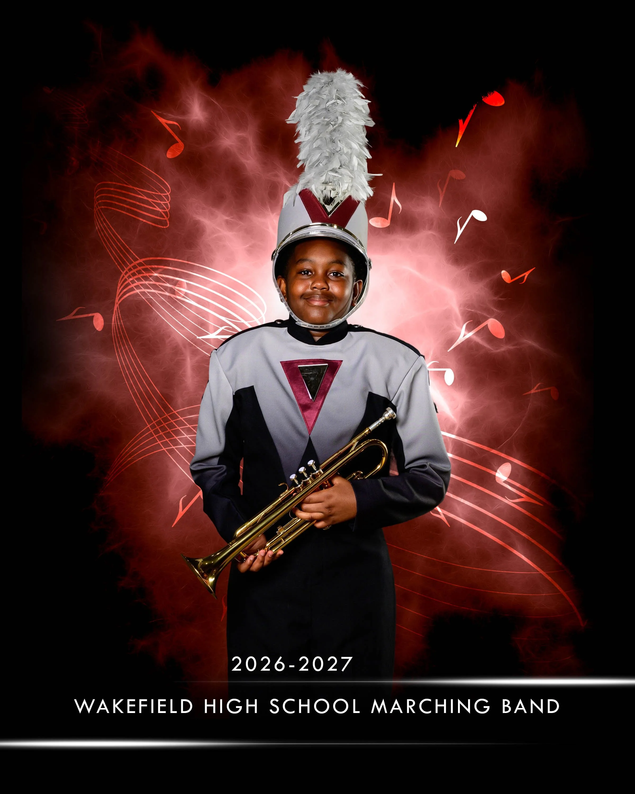 Young person in a marching band uniform with a hat featuring a large white feather plume, holding a trumpet, standing in front of a dynamic, smoky red background with musical notes and the text '2026-2027 Wakefield High School Marching Band'.