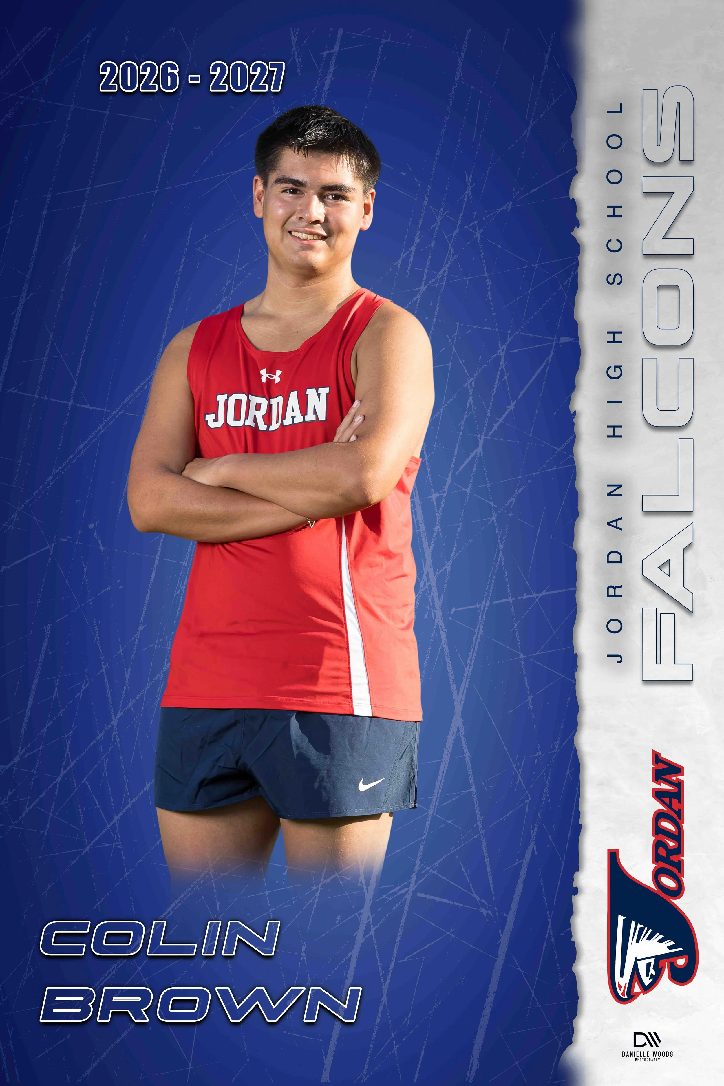 A young male athlete with short dark hair, wearing a red Jordan-branded athletic tank top and dark shorts, poses with arms crossed over a blue background with white and gray design elements. The background includes text indicating the years 2026-2027