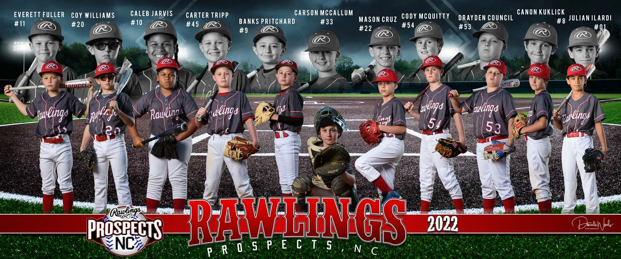 Photograph of a youth baseball team in uniform, standing on a baseball field, with a stadium and night sky in the background. Each player is holding a baseball bat, glove, or helmet, and their names and numbers are labeled above their heads. The team