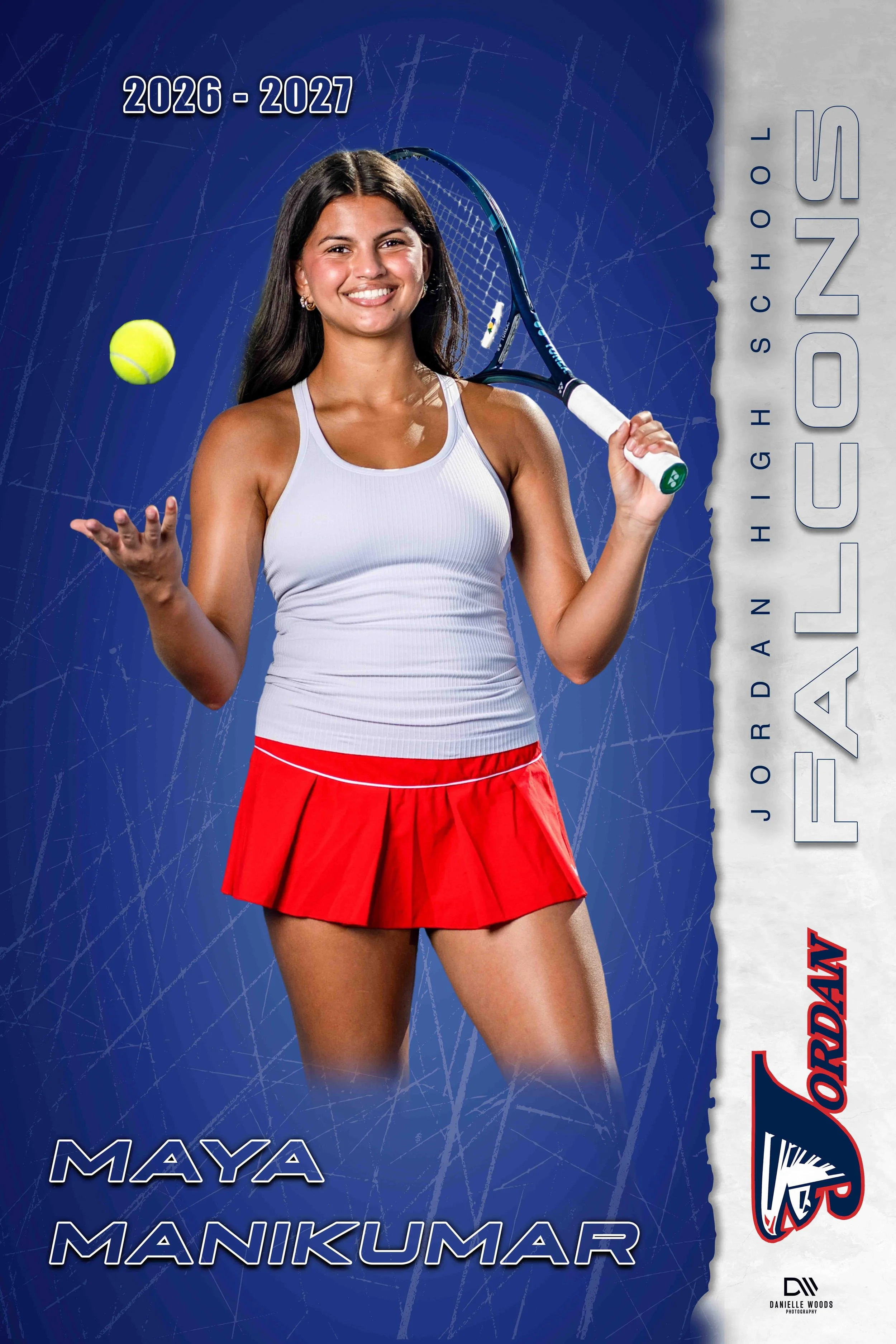 A woman wearing a white tank top and red skirt holding a tennis racket in front of a blue background with a tennis theme. The text includes dates 2026-2027, and the name Maya Manikumar in large letters. There are additional elements like a tennis bal