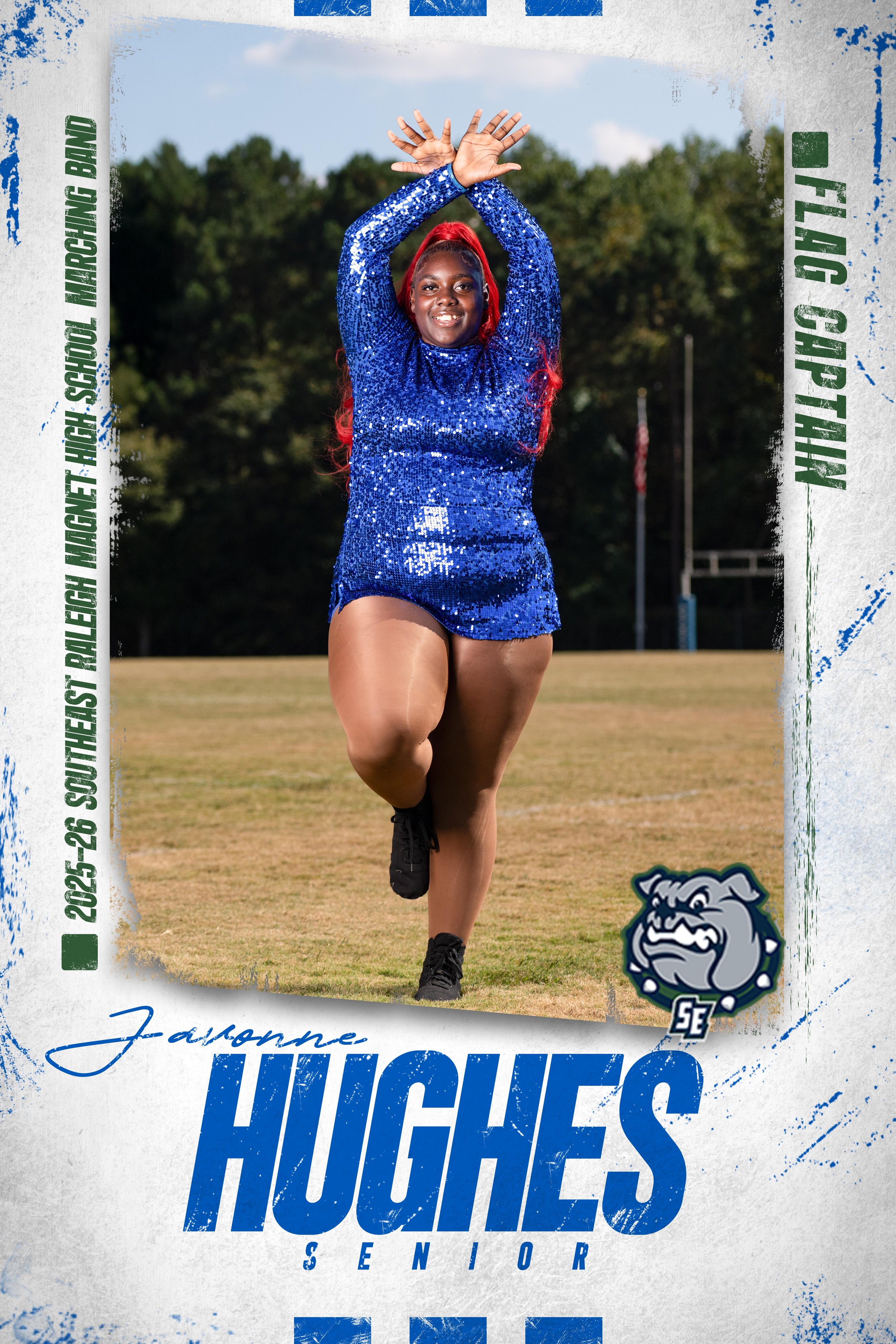 A young woman with dark skin and red hair, wearing a shiny blue sequined long-sleeve dress, running on a field with a big smile, raising her arms above her head, during daytime. The image is a sports senior tribute poster with a Bulldogs logo and tex