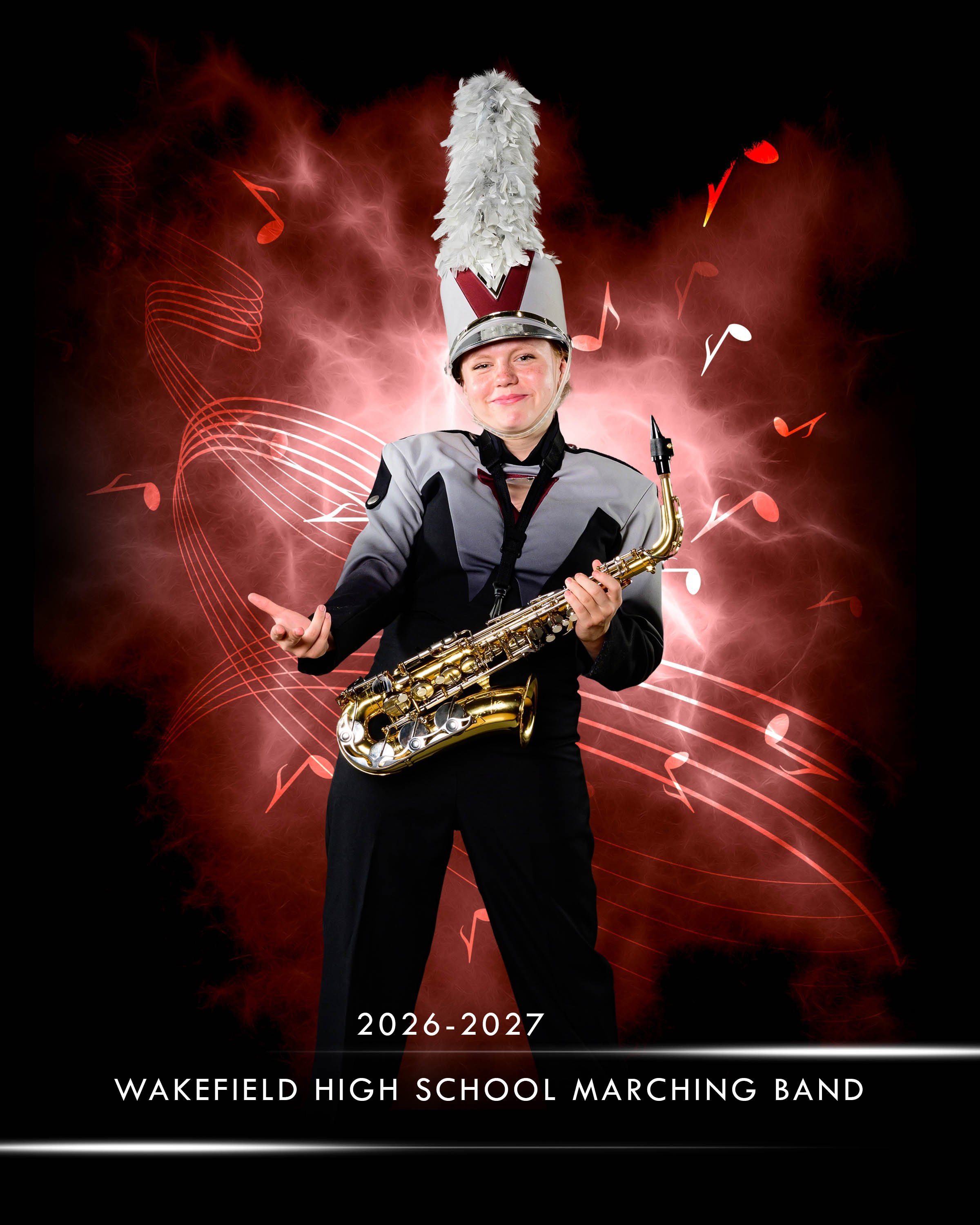 A young marching band member from Wakefield High School, wearing a grey and black uniform with a tall white plume hat, holding a saxophone, standing in front of a red and black background with musical notes, with the text "2026-2027 Wakefield High Sc