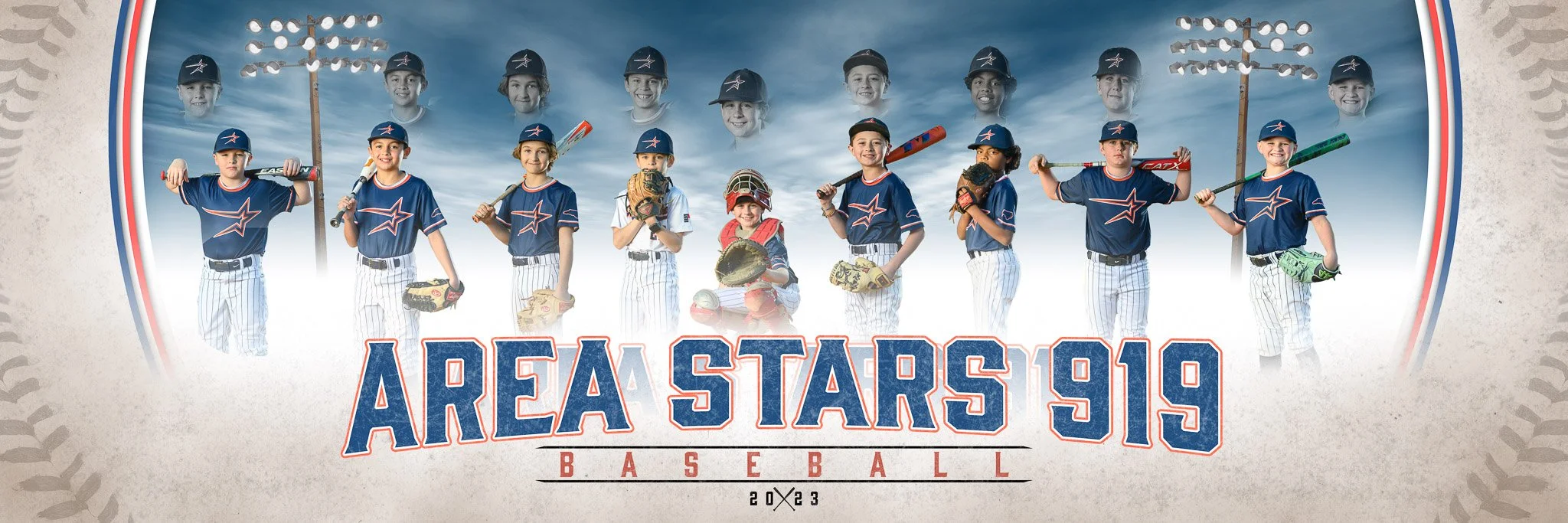 Group of young boys in baseball uniforms holding baseball bats, with a sky and baseball field background, and the text 'Area Stars 9U Baseball 2023' in front.