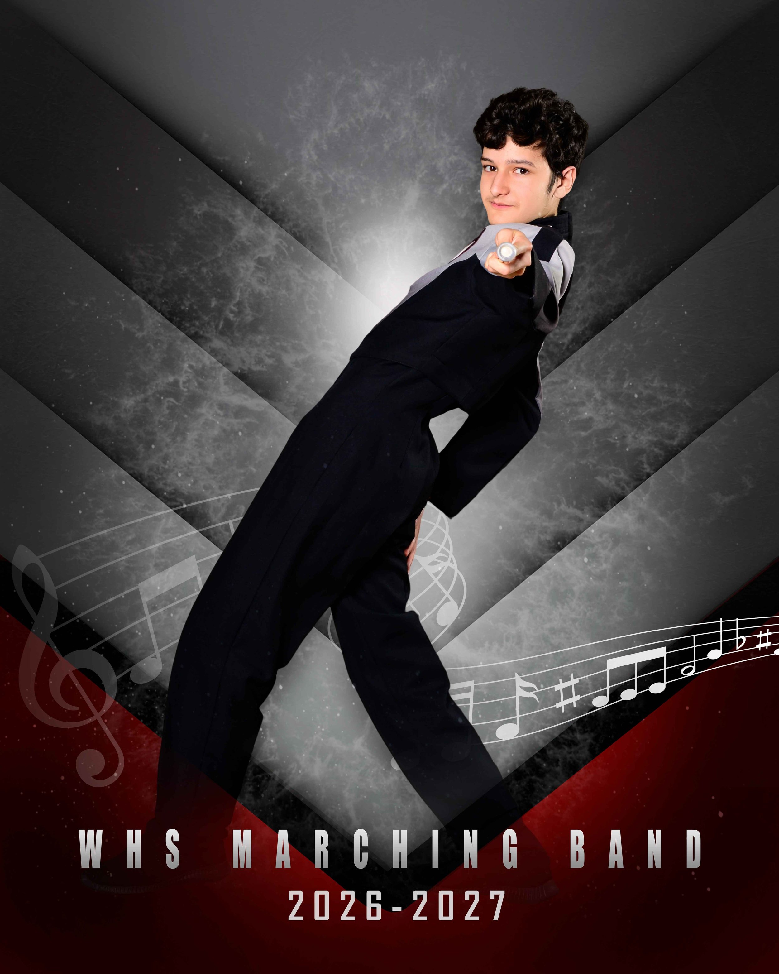 A young man with dark curly hair wearing a black and gray jacket pointing towards the camera against a cosmic background with stars, galaxy, and musical notes. Text reads: "WHIS MARCHING BAND 2026-2027."