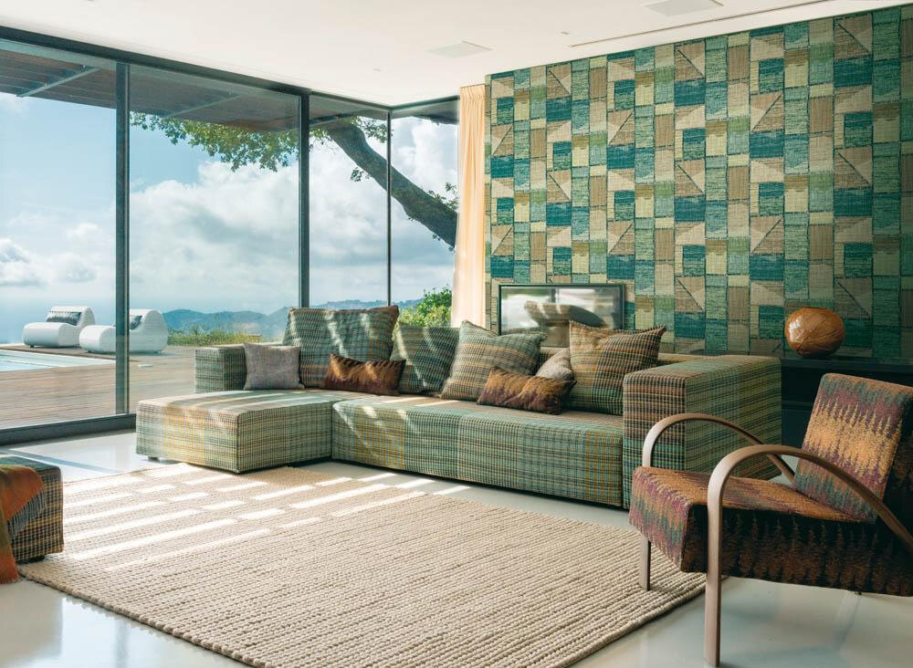 Patchwork collection by Missoni. Is an homage to the textile designs that made the brand world-famous in the Seventies. The material effect, enhanced by the coarse manufacturing gives a strong decorative effect, and is supported by warm and coherent 