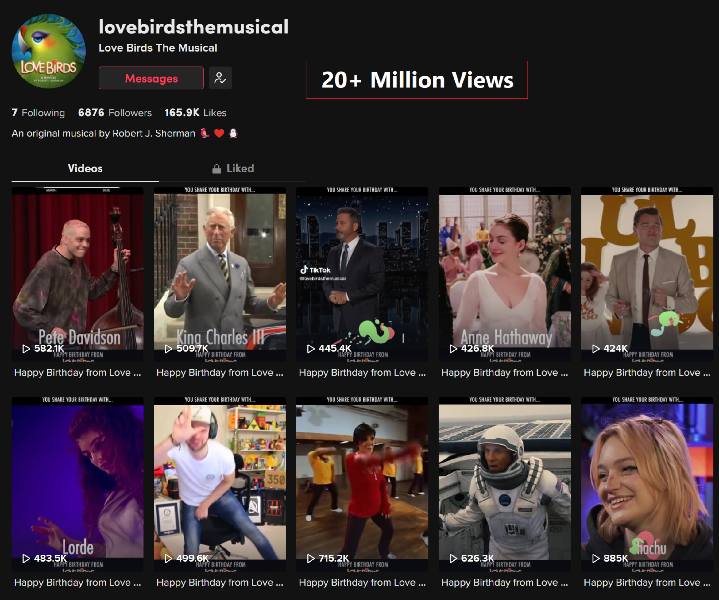 Love Birds is an original musical with book, music & lyrics by Robert J. Sherman.  Talent Bank are creating the social media campaign launching with one of the main tracks from the forthcoming 2023 musical 'It's Your Birthday' generating over 20 mill