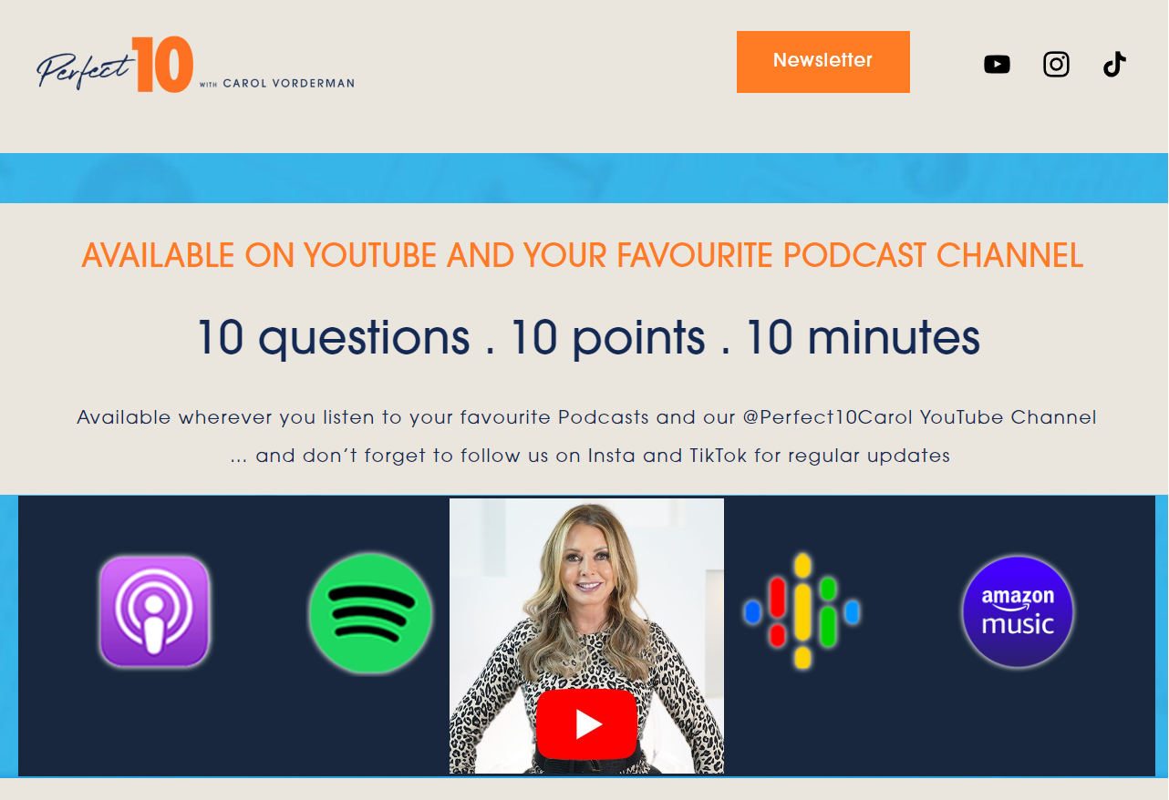 Thrilled to be producing and partnering on Perfect 10 with Carol Vorderman, a unique 5 day per week Podcast and Videocast Series, available on all major Podcast Channels and YouTube... www.youtube.com/@perfect10carol.   
After a hugely successful lau