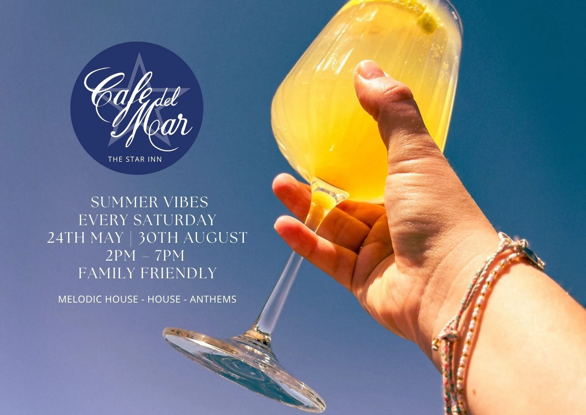 romotional poster for The Star Inn’s Saturday afternoon Café del Mar–inspired chilled Ibiza sessions, designed by 51 Degrees Design.