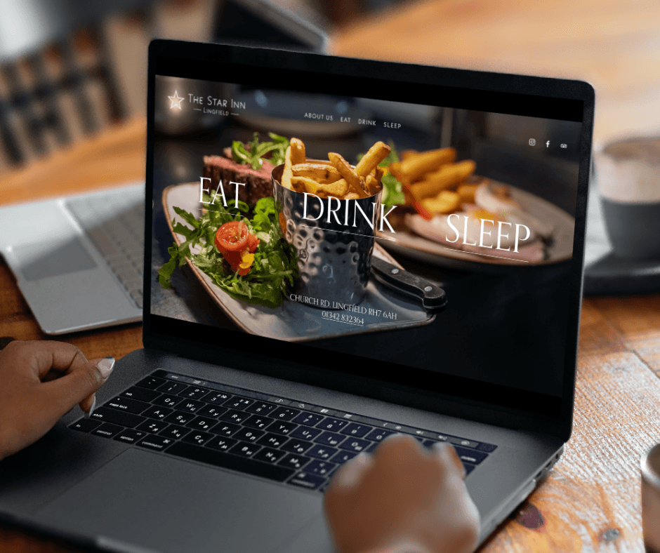 The Star Inn, Lingfield website shown on laptop and mobile screens.  Café del Mar promo poster